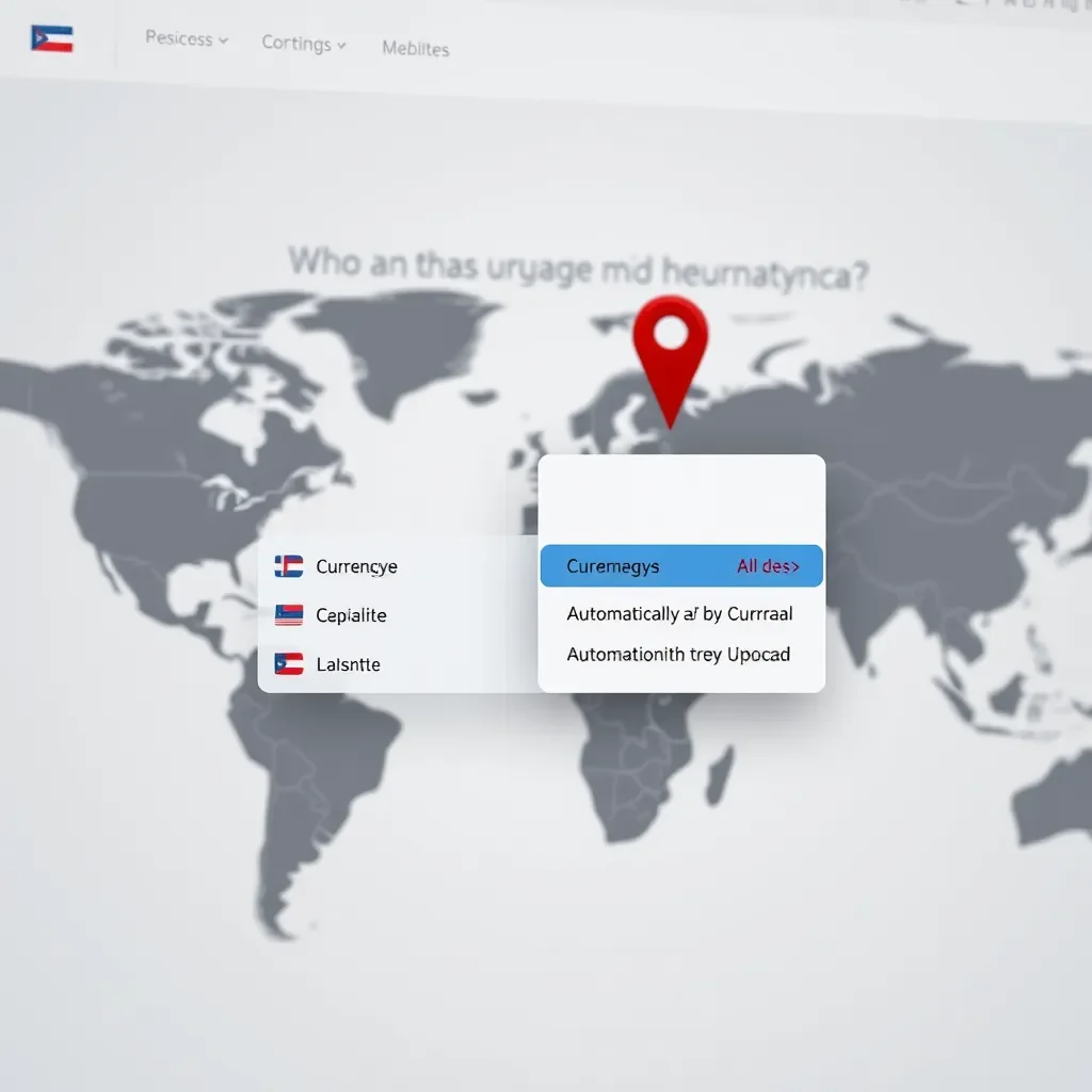 A website with a dropdown menu for language and currency selection. The menu is automatically set to the visitor's preferred language and currency based on their location, which is indicated by a map pin on a world map.